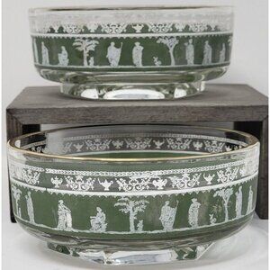 Vintage Hellenic Green by Jeannette Gold Tone Trim  4.5" Nappy Berry Bowls (2)